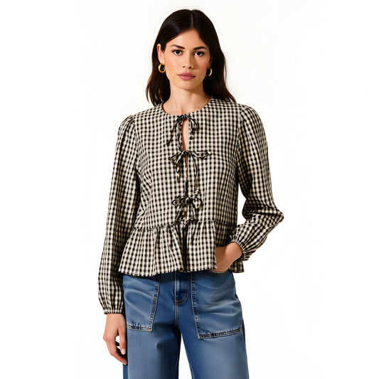 Gingham Long Sleeve Peplum Blouse with Front Ties and Ruffle Hem