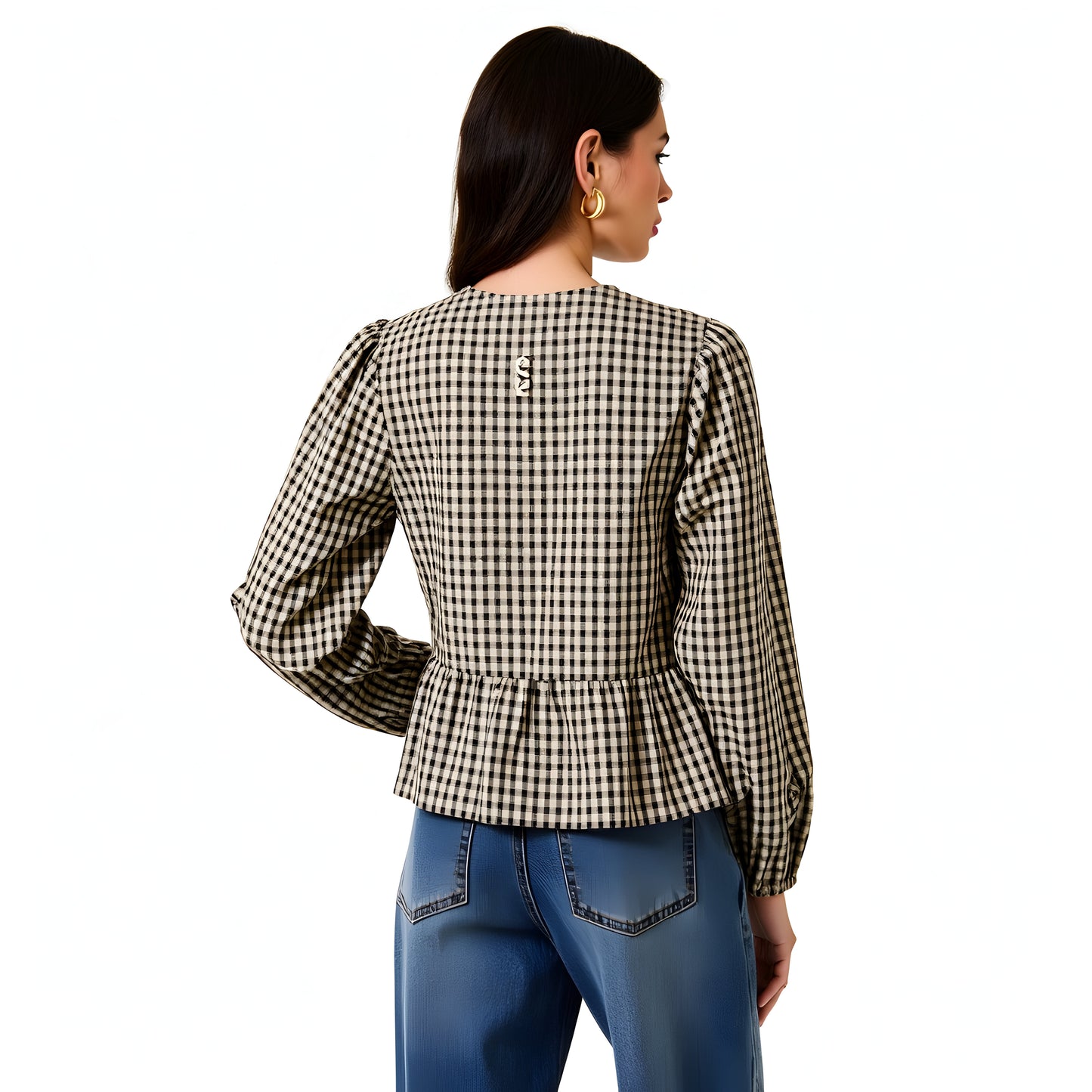 Gingham Long Sleeve Peplum Blouse with Front Ties and Ruffle Hem