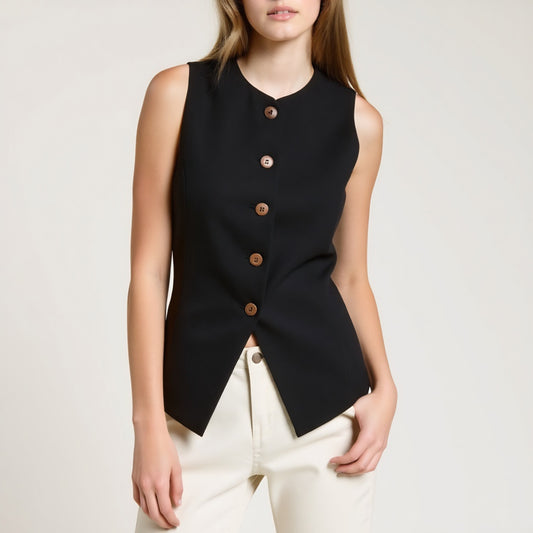 Sleeveless Button Front Vest with Asymmetrical Hem and Tailored Fit