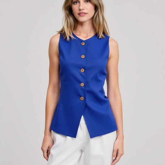 Sleeveless Button Front Vest with Asymmetrical Hem and Tailored Fit