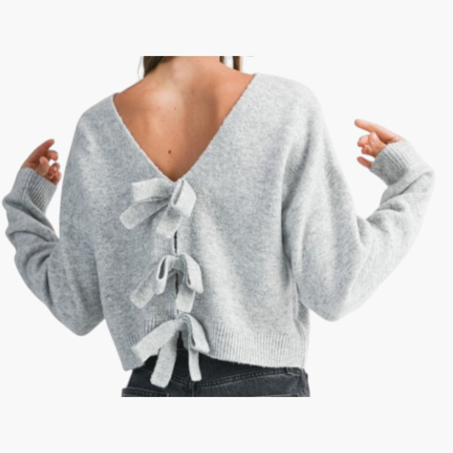 Plush Knit Sweater with Deep V-Back and Statement Bow Tie Accents