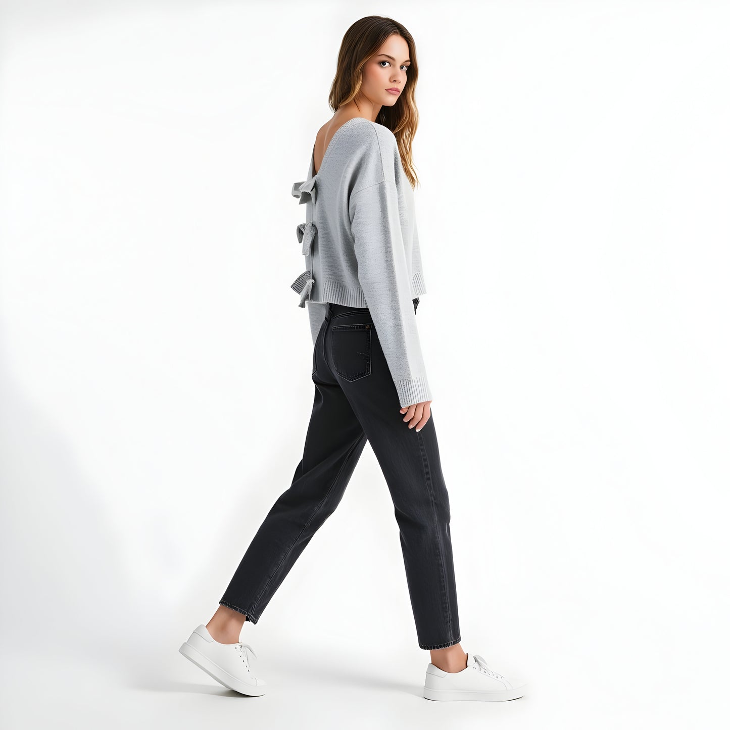 Plush Knit Sweater with Deep V-Back and Statement Bow Tie Accents
