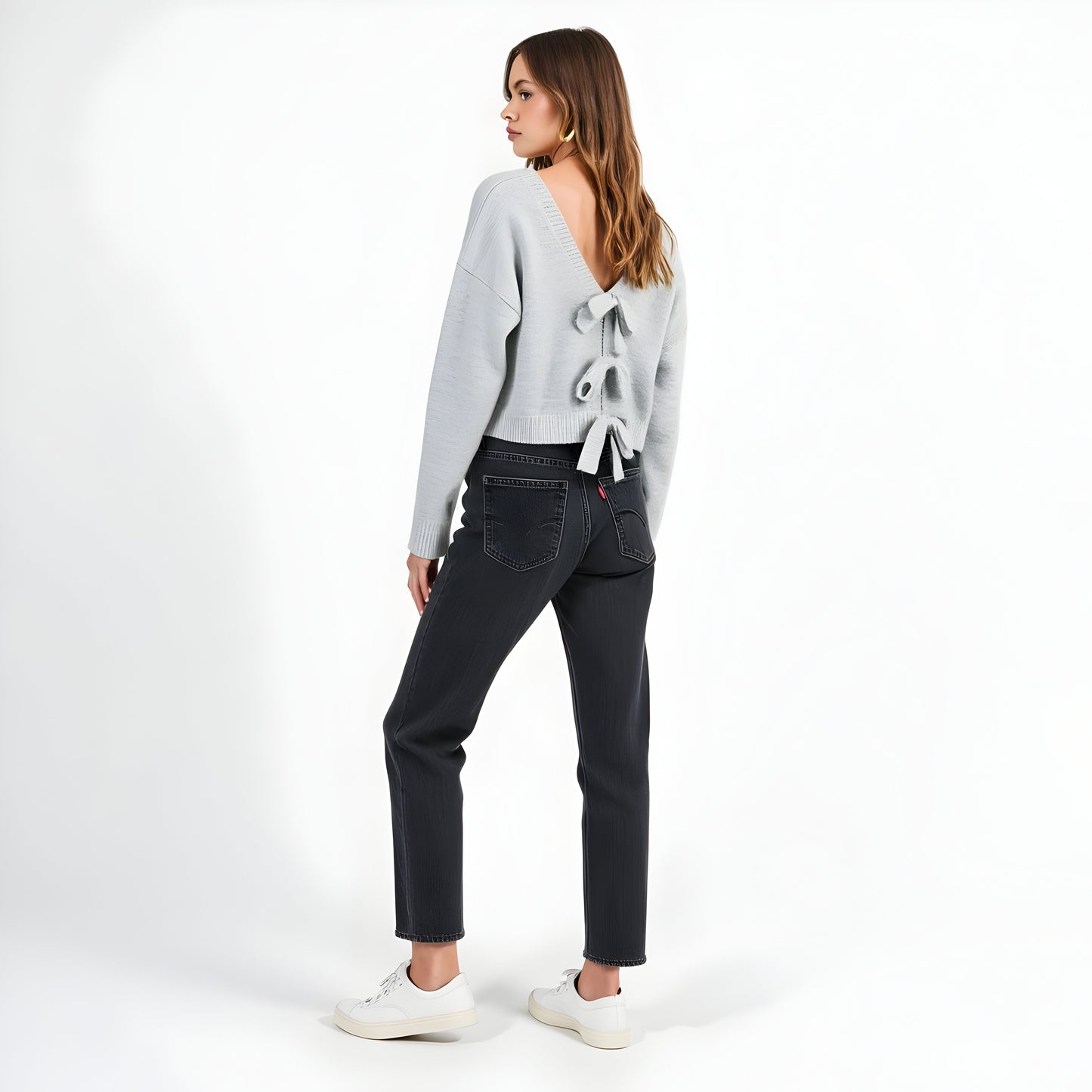 Plush Knit Sweater with Deep V-Back and Statement Bow Tie Accents