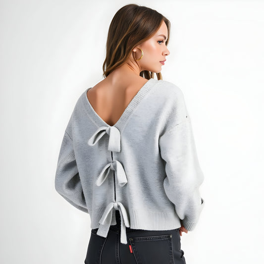 Plush Knit Sweater with Deep V-Back and Statement Bow Tie Accents