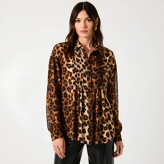 Leopard Print Button-Up Blouse with Pleated Front and Classic Point Collar