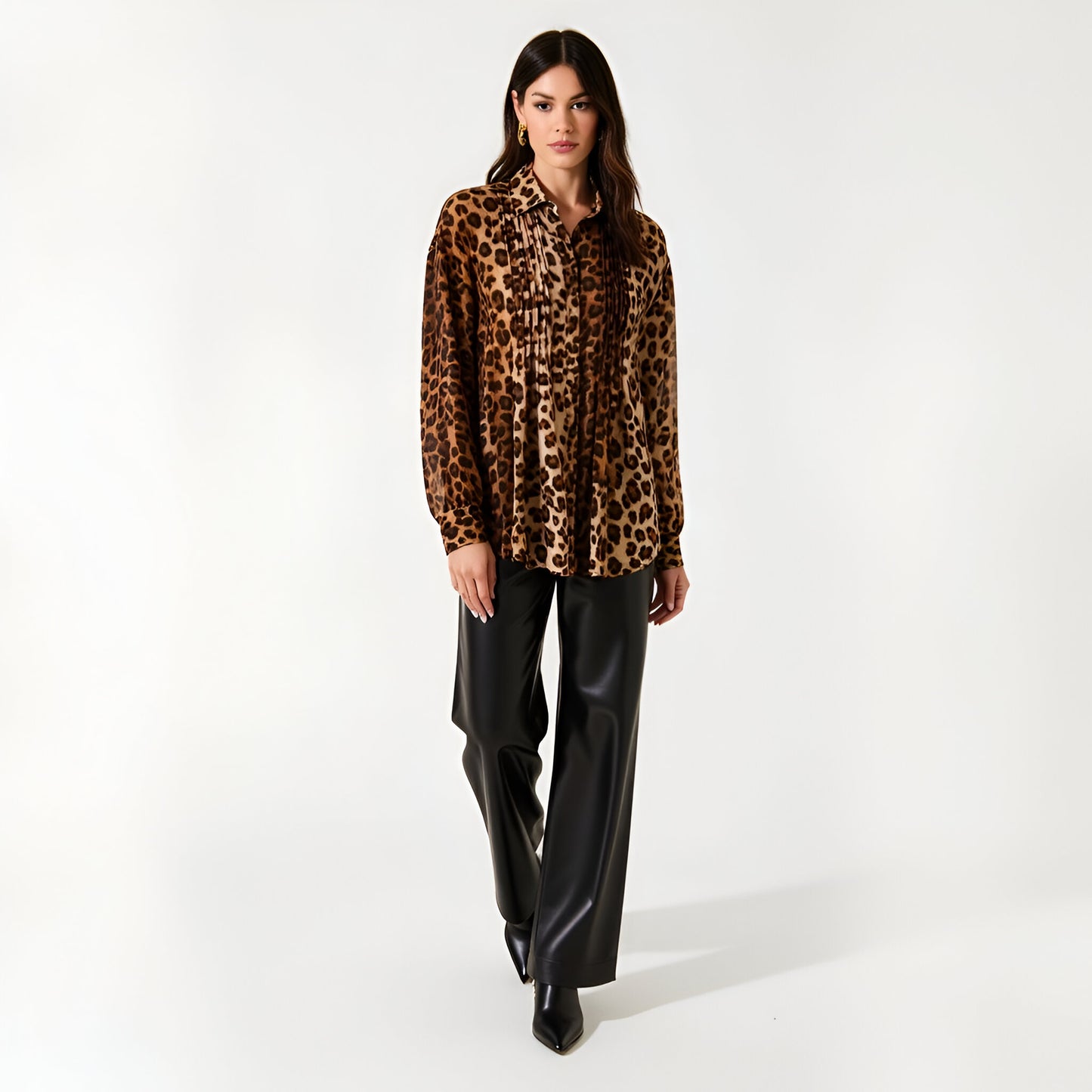 Leopard Print Button-Up Blouse with Pleated Front and Classic Point Collar