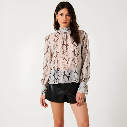 Snake Print Mock Neck Blouse with Tie Back, Sheer Sleeves and Cuff Detail