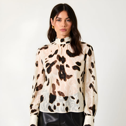 Leopard Print Sheer High Neck Blouse with Back Tie and Long Cuffed Sleeves