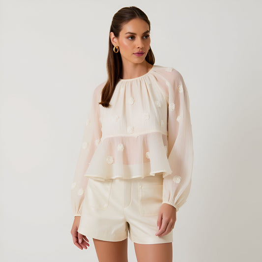 Sheer Embroidered Rose Blouse with Balloon Sleeves and Flowy Hem