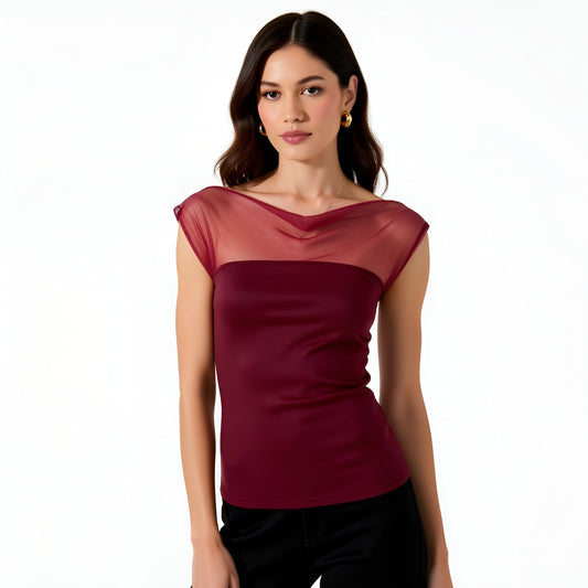 Cap Sleeve Mesh Yoke Top with Draped Neckline and Fitted Stretch Bodice