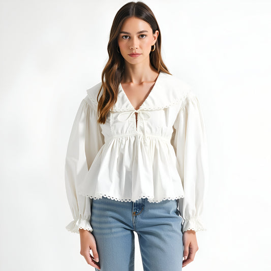 Peplum Blouse with Oversized Collar, Scalloped Trim and Long Sleeves