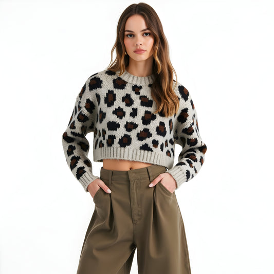 Cropped Leopard Print Sweater with Ribbed Hem and Long Sleeves