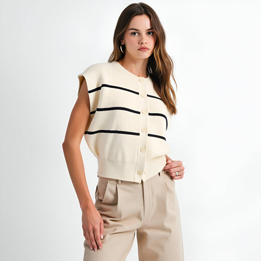 Sleeveless Ribbed Knit Cardigan Top with Horizontal Stripe Detail