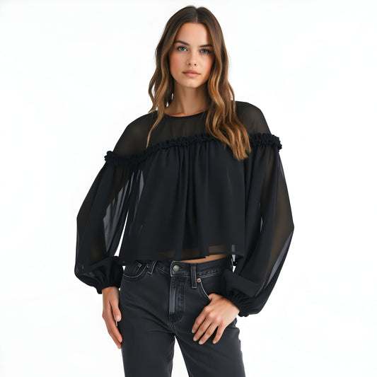 Sheer Long Sleeve Blouse with Ruffled Trim and Flowing Silhouette