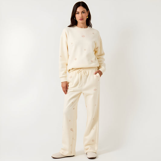 Bakery Embroidered Cream Lounge Set with Relaxed Fit Sweatshirt and Wide Leg Pants