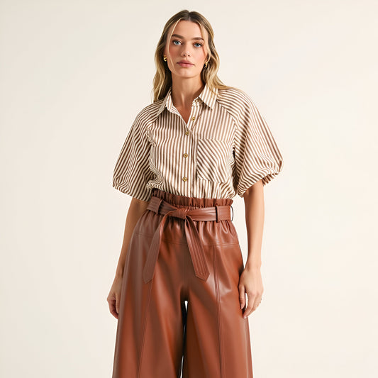 Striped Short Sleeve Button-Up Shirt with Chest Pocket