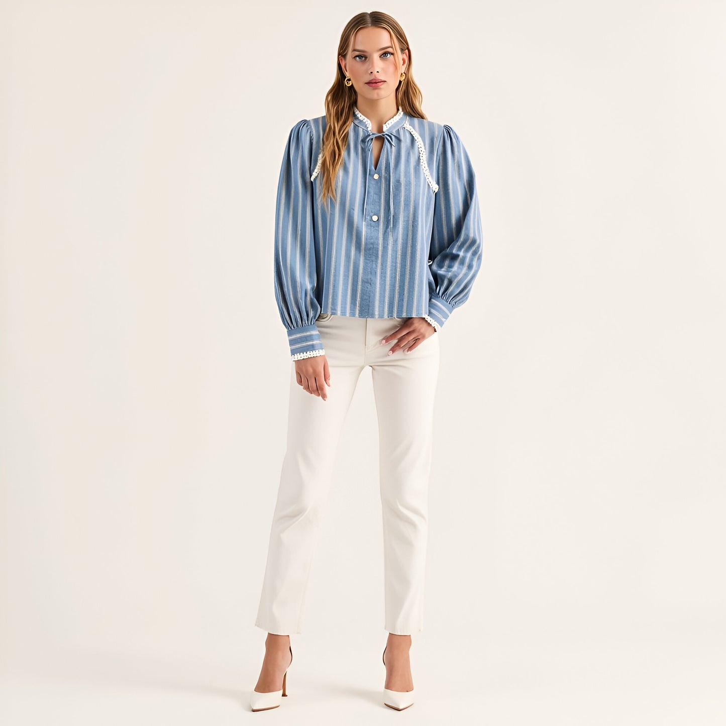 Striped Long Sleeve Blouse with Tie Neckline and Lace Trim Details