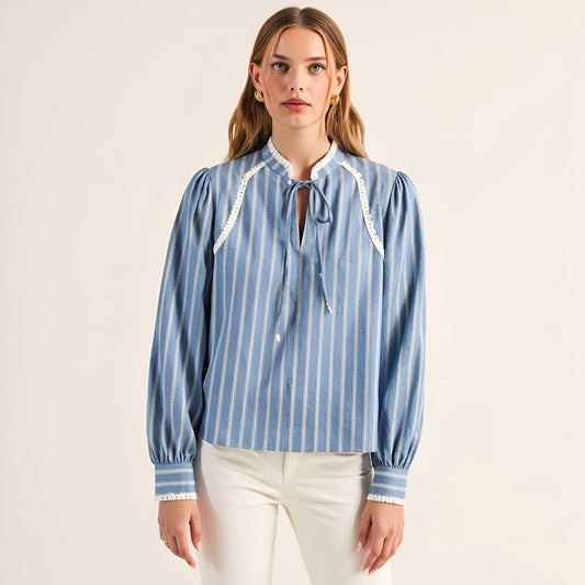 Striped Long Sleeve Blouse with Tie Neckline and Lace Trim Details
