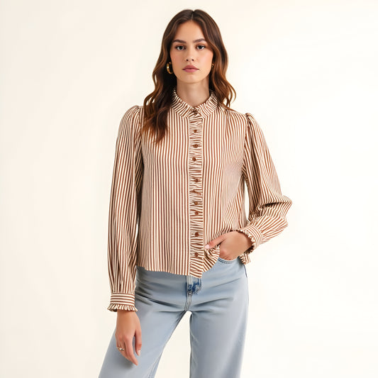 Striped Puff Sleeve Blouse with Ruffled Trim and Covered Placket