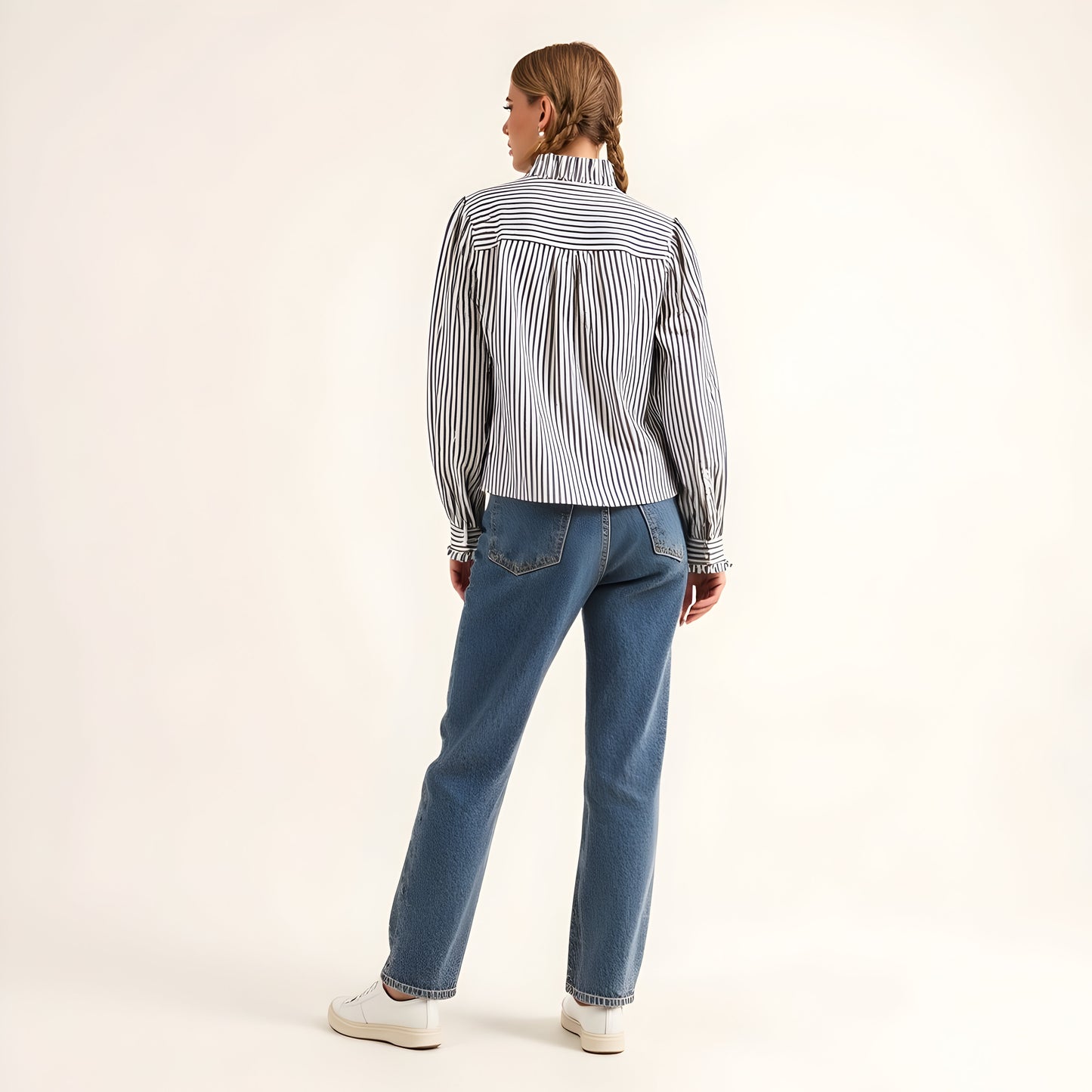 Striped Puff Sleeve Blouse with Ruffled Trim and Covered Placket
