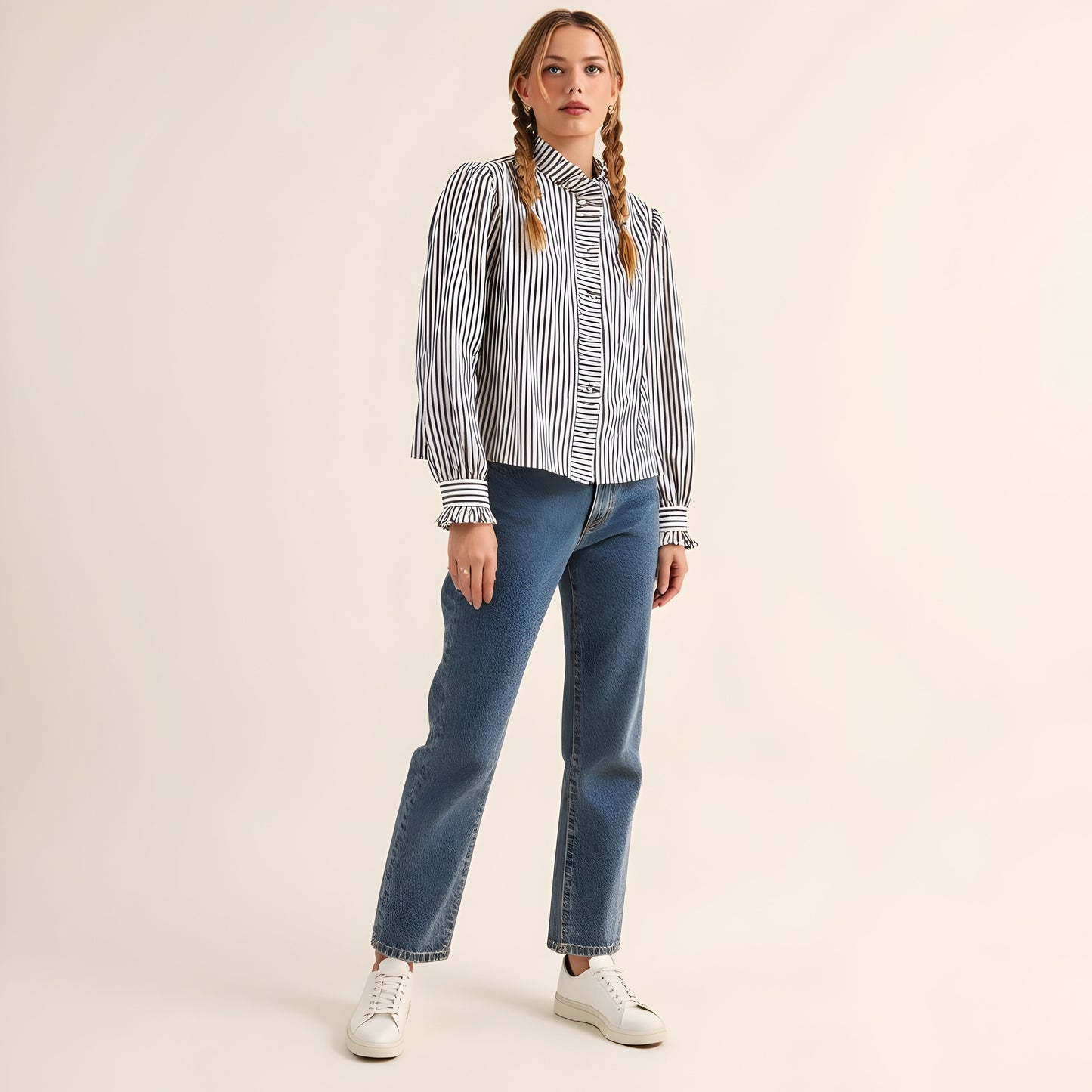 Striped Puff Sleeve Blouse with Ruffled Trim and Covered Placket