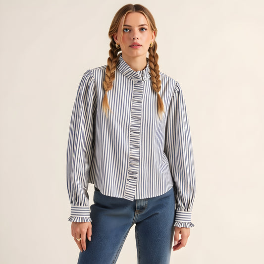 Striped Puff Sleeve Blouse with Ruffled Trim and Covered Placket