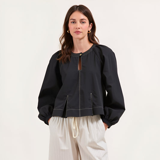 Balloon Sleeve Top with Keyhole Neckline and Contrast Stitching