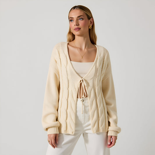Long Sleeve Cable Knit Tie-Front Cardigan Sweater