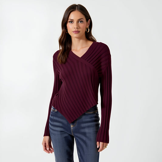Asymmetrical Hem V-Neck Ribbed Knit Sweater