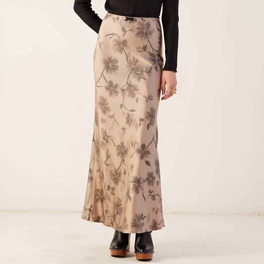 Floral Print Satin Maxi Skirt with Bias Cut and Bow Accent