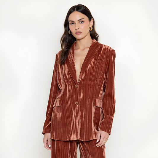 Velvet Single-Breasted Blazer with Shawl Collar and Flap Pockets