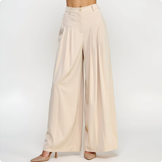 Wide-Leg High Waist Trousers with Pleated Front and Relaxed Tailored Fit