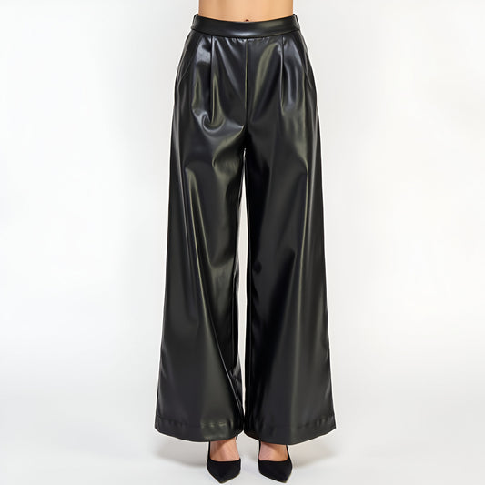 Wide-Leg Faux Leather Pants with High Waist and Sleek Seam Detailing