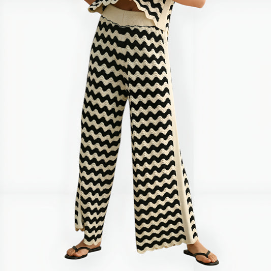 Chevron Crochet Wide Leg Pants with Contrast Trim and High Waist