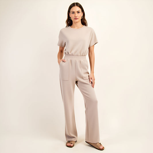 Short Sleeve Relaxed Jumpsuit with Elastic Waistband and Patch Pockets