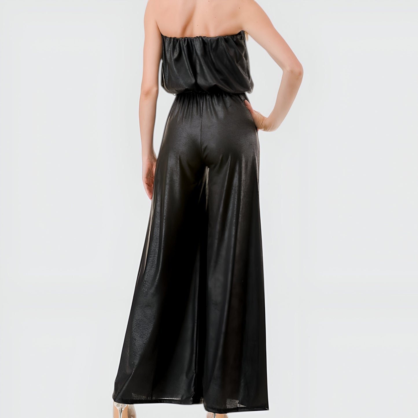 Strapless Satin Jumpsuit with Belted Waist and Wide-Leg Silhouette