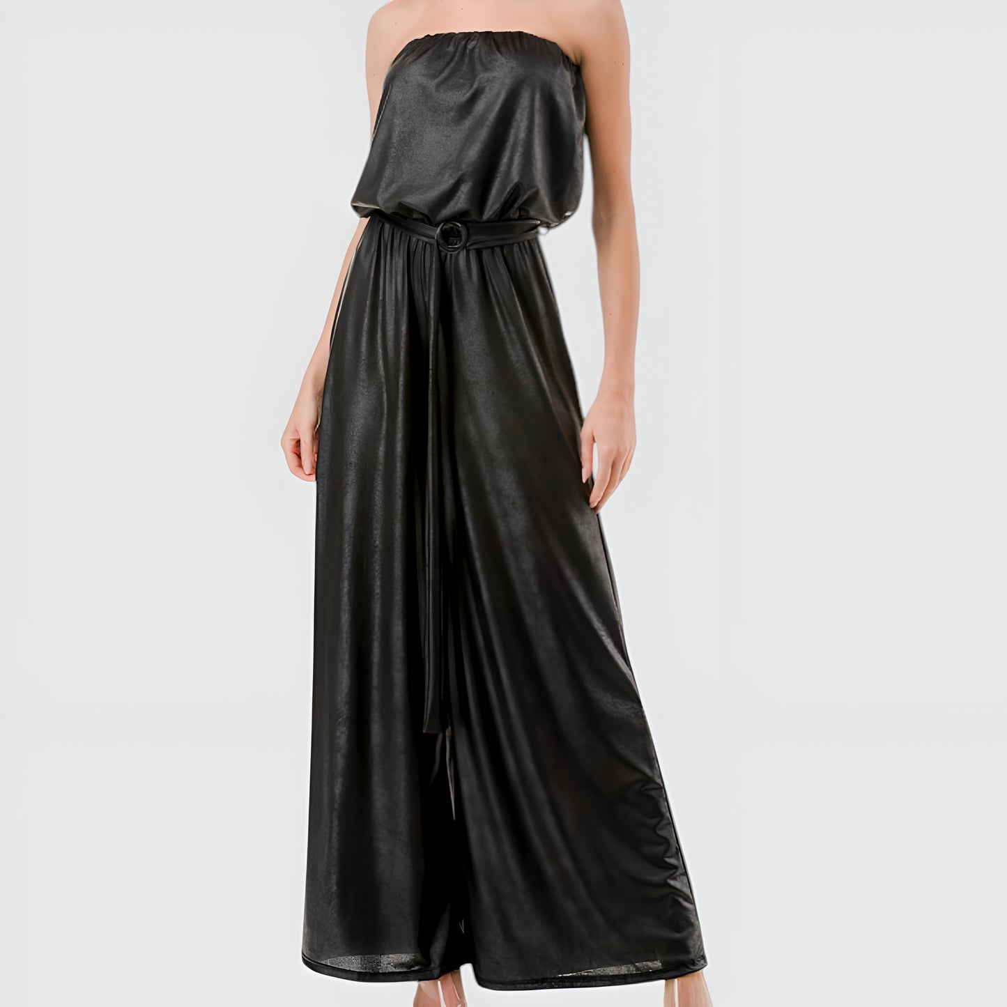 Strapless Satin Jumpsuit with Belted Waist and Wide-Leg Silhouette