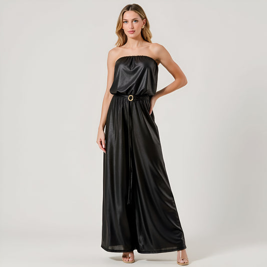 Strapless Satin Jumpsuit with Belted Waist and Wide-Leg Silhouette