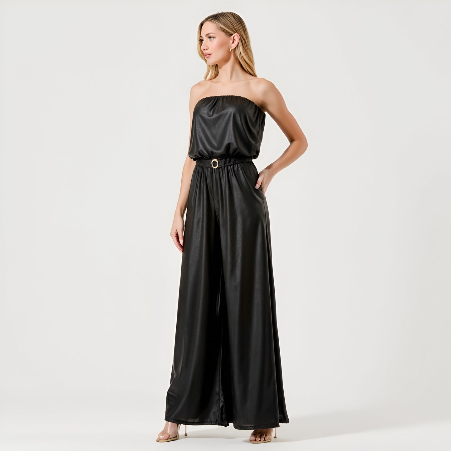 Strapless Satin Jumpsuit with Belted Waist and Wide-Leg Silhouette
