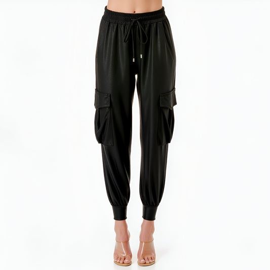 Faux Leather Jogger Pants with Cargo Pockets and Drawstring Waist