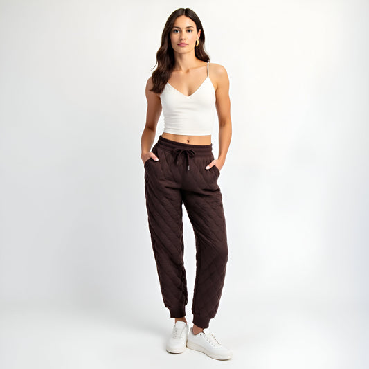 Quilted Drawstring Jogger Pants with Ribbed Cuffs and Side Pockets