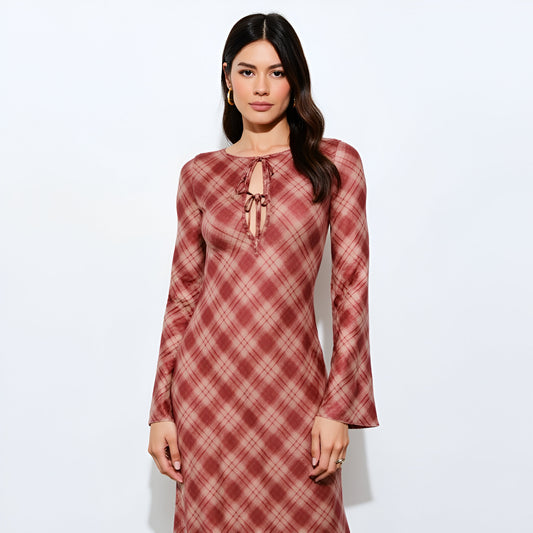 Plaid Long Sleeve Maxi Dress with Front Tie Detail and Subtle Flared Cuffs