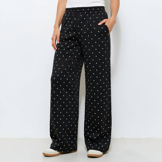 Polka Dot Wide-Leg Knit Pants with Elastic Waist and Pockets