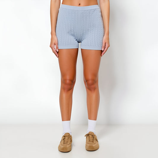 Cable Knit High Waist Sweater Shorts with Ribbed Waistband and Hem