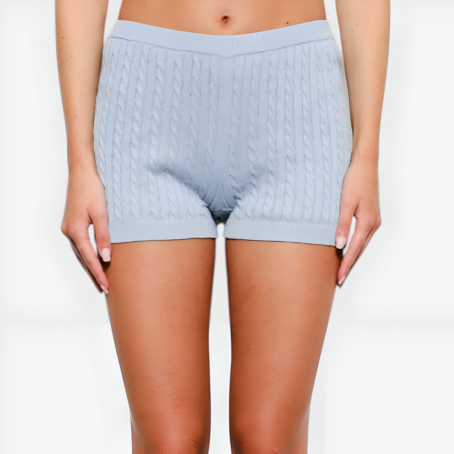 Cable Knit High Waist Sweater Shorts with Ribbed Waistband and Hem
