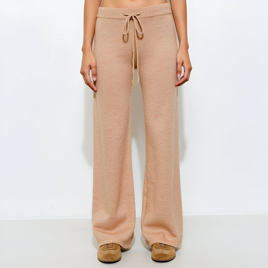 Wide Leg Knit Lounge Pants with Drawstring Waistband and Ribbed Hem Detail