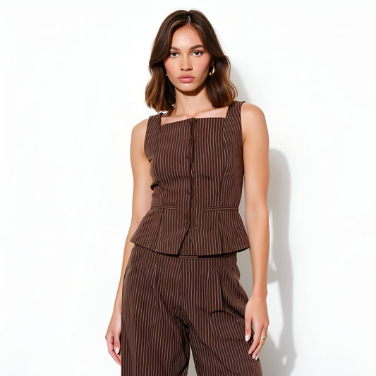 Square Neck Pinstripe Corset Top with Peplum and Lace-Up Back