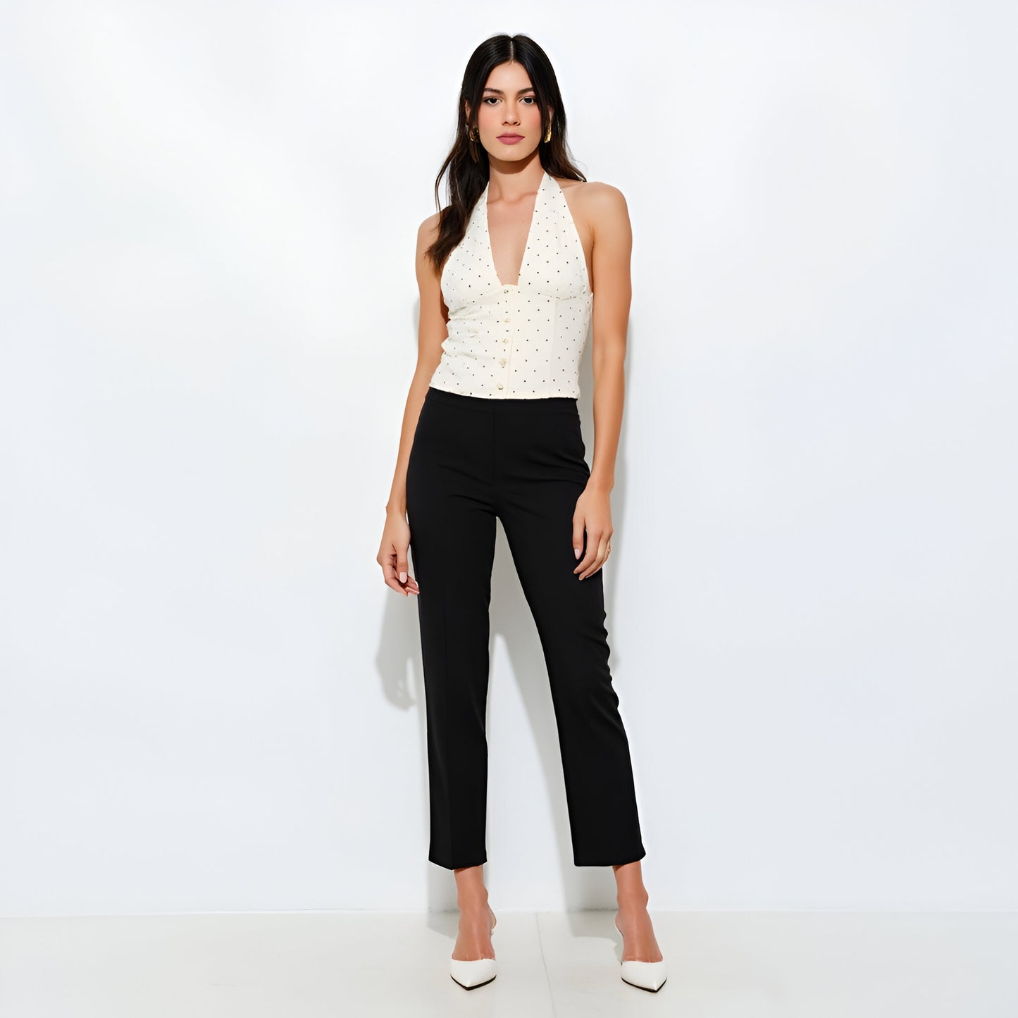 Polka Dot Halter Top with Button Front, Tie-Back Neckline and Contoured Bodice