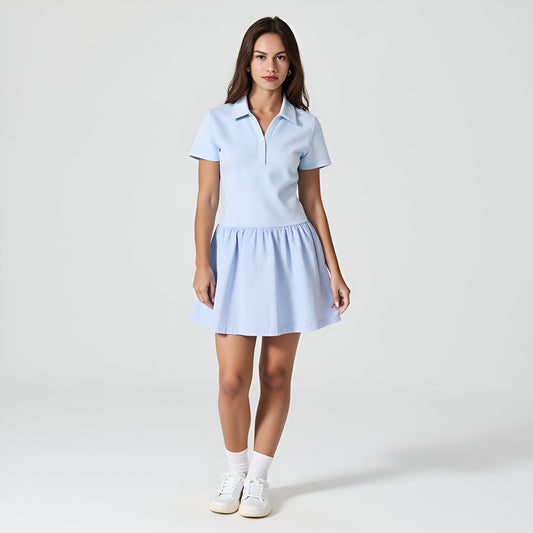 Polo Collar Mini Dress with Short Sleeves, Button Placket and Gathered Skirt