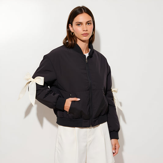 Bomber Jacket with Contrast Ribbon Bow Details and Ribbed Trim